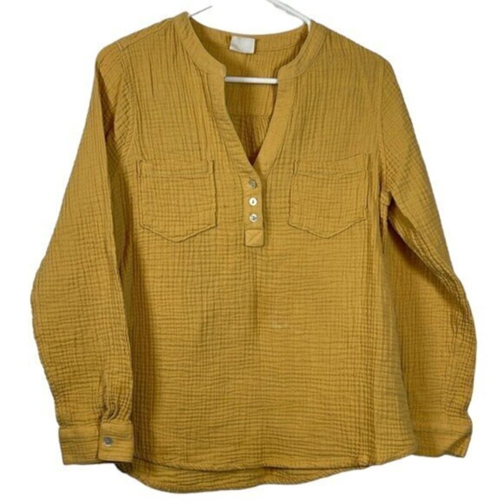 Women's Mote Gauzy Popover V-Neck Button Long Sleeve Mustard Shirt Size Large